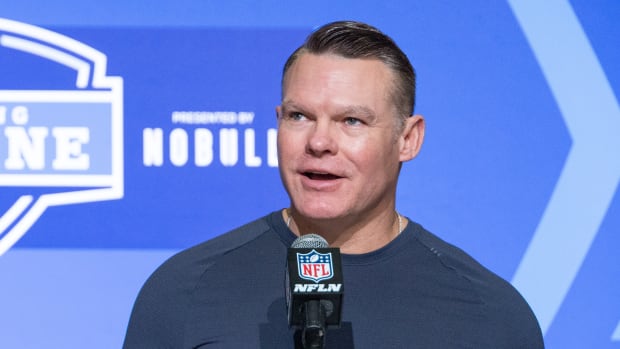 Mar 1, 2023; Indianapolis, IN, USA; Indianapolis Colts general manager Chris Ballard speaks to the press at the NFL Combine at Lucas Oil Stadium.